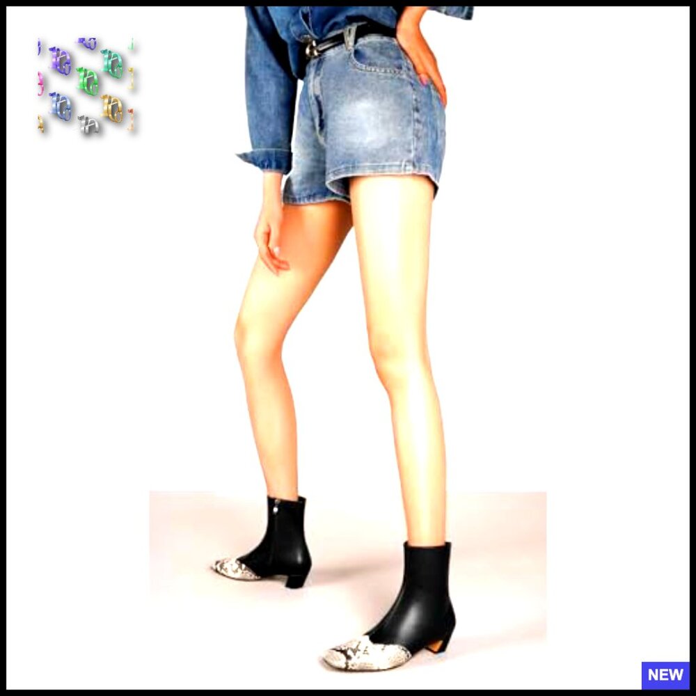 Snakeskin Patchwork Ankle Booties Square Toe Kitt… - image 3